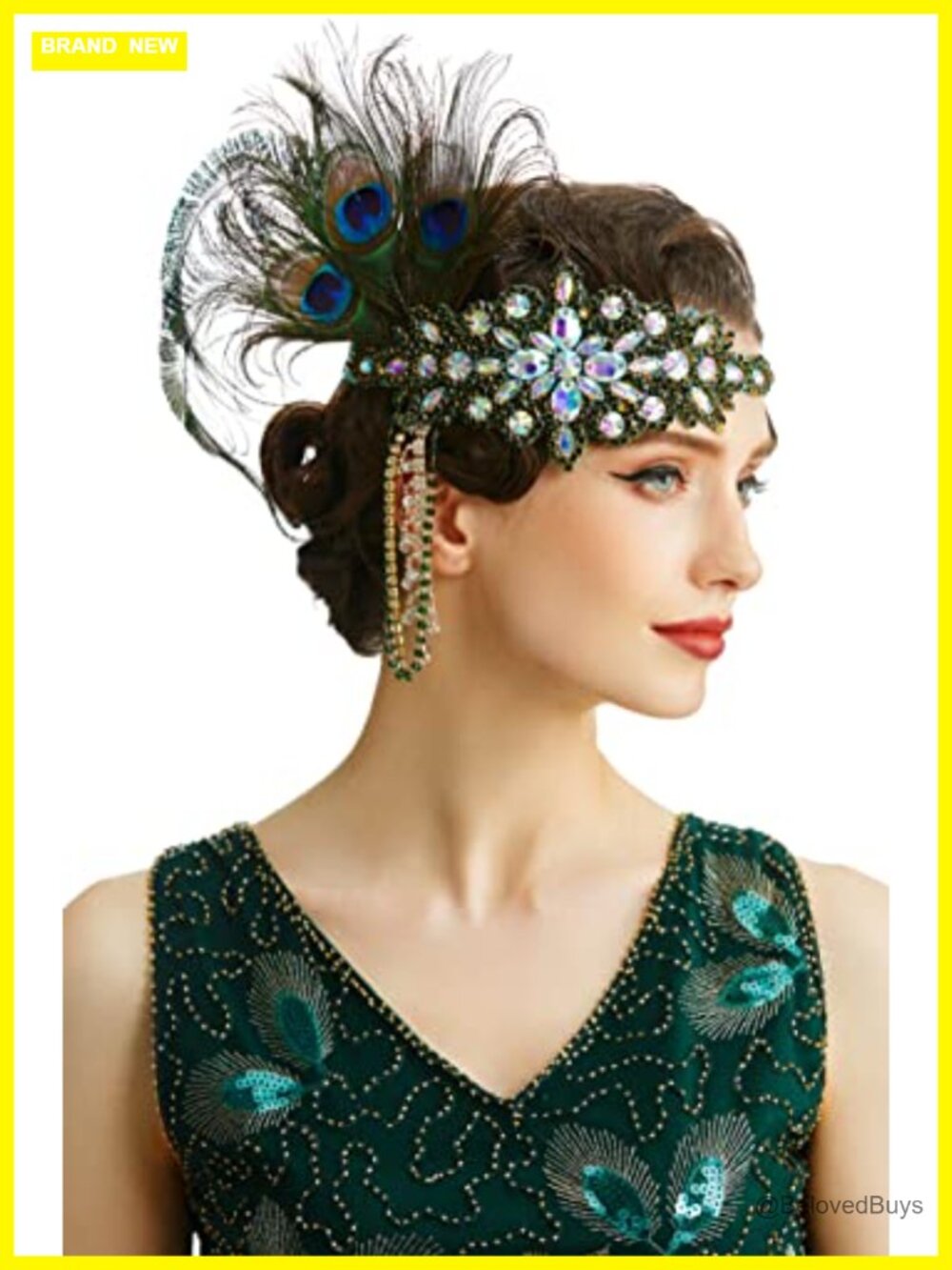 Flapper Feather Headband with Crystal Rhinestone Chain
